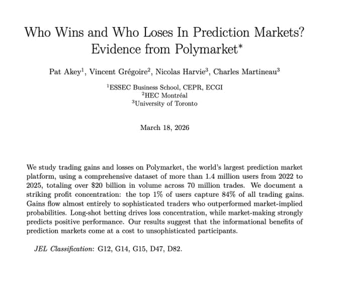 💰 충격적인 폴리마켓 논문: 상위 1% 트레이더, 전체 84% 수익을 가져간다?