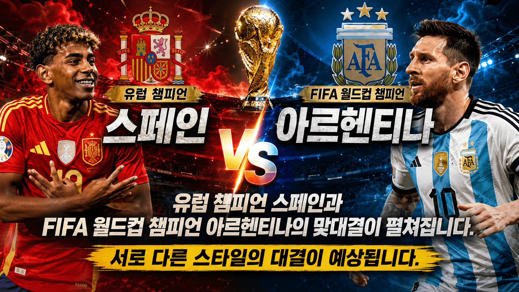 유럽 챔피언 스페인과 FIFA 월드컵 챔피언 아르헨티나의 맞대결이 펼쳐집니다. 서로 다른 스타일의 대결이 예상됩니다.